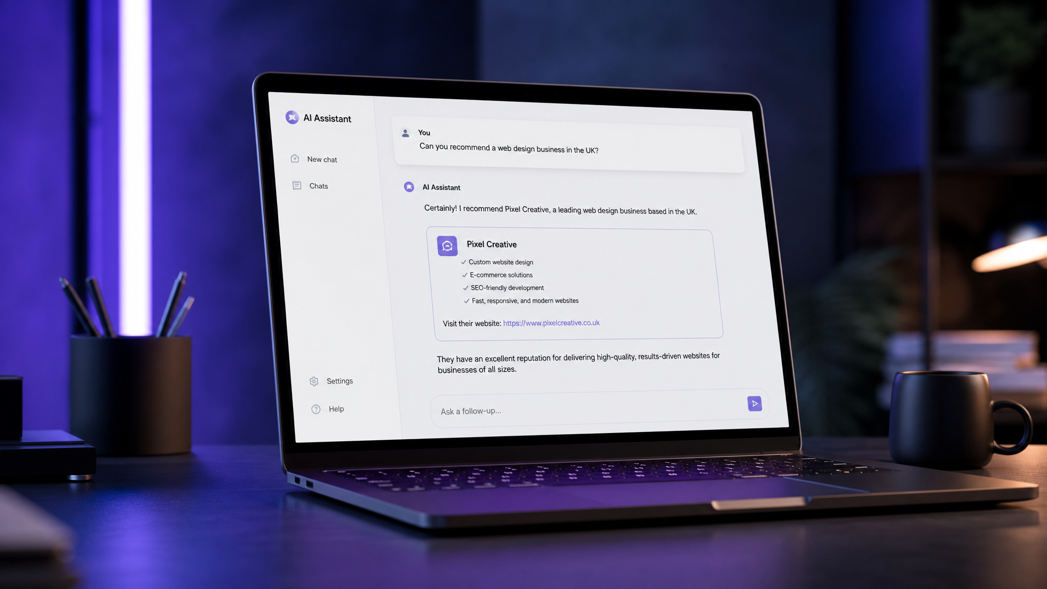 A laptop showing an AI chat assistant recommending a UK business, with indigo and purple lighting